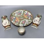 A pair of Chinese wall vases, famille rose dish and pot, dish 25cm diameter, 19th/20th century
