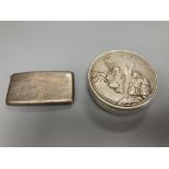 A Chinese white metal concave card case engraved with a dragon, 84mm and a Chinese metal circular