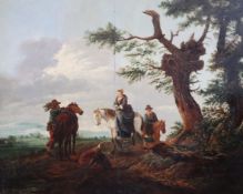Follower of Philips Wouwerman (Dutch 1619-1668)oil on wooden panelGroup of equestrian figures in a