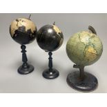 A Reliable Series lithographed tinplate revolving globe, 20cm, and two graphic globes,on ebonised