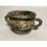 An 18th century Chinese archaistic bronze two handled censer, 16.5cm handle to handle