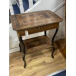 A French marquetry inlaid kingwood and walnut two tier work table, width 57cm, depth 39cm, height