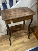 A French marquetry inlaid kingwood and walnut two tier work table, width 57cm, depth 39cm, height