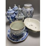 A Chinese famille rose dessert dish, 27cm, assorted Chinese blue and white porcelain and a delft