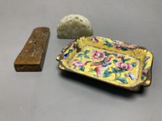 A Chinese enamel dish, a semi-circular carved hardstone panel and a carved metal panel