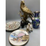 A simulated bronze eagle, 36cm, cloisonne enamelled vase, 23cm and five other items