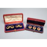 A pair of Victorian gold and red cabochon cufflinks, gross 8.4 grams, and a matching set of three