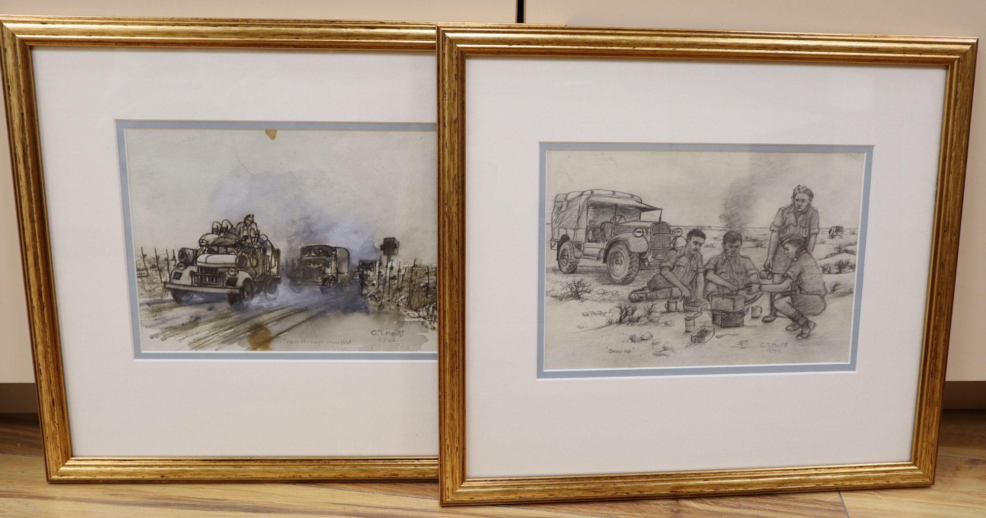 Cyril Mount (1920-2013), pencil drawing and ink and wash study, 'Brew Up', 9/42 and Track through