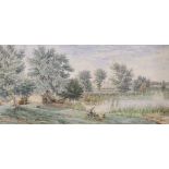 English School c.1900, watercolour, Angler in a landscape, initialled lower right, 22 x 45cm