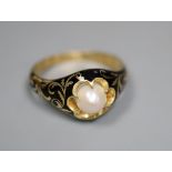 A Victorian 18ct gold, black enamel and pearl memorial ring, gross 3.7 grams