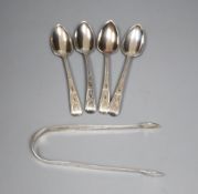 A pair of George III silver bright cut sugar tongs, by Hester Bateman (no date letter) and a set