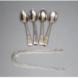 A pair of George III silver bright cut sugar tongs, by Hester Bateman (no date letter) and a set