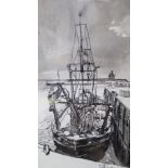 Joe Head, ink and wash, Study of a fishing boat 'Girl Jean', signed and dated 1985, 38 x 22cm