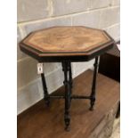 A late Victorian amboyna banded octagonal ebonised and walnut occasional table, width 49cm, depth