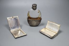 A Victorian silver-mounted glass oval hip flask, London, 1881,14cm, a later silver compact and a