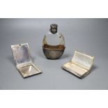 A Victorian silver-mounted glass oval hip flask, London, 1881,14cm, a later silver compact and a