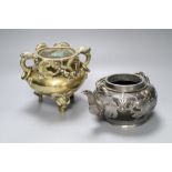 A Chinese bronze tripod censer, height 16cm, and a Chinese pewter-mounted Yixing pottery teapot,