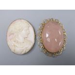 A 9ct gold-framed carved shell cameo portrait brooch and a 9ct gold-framed rose quartz brooch, 46mm,