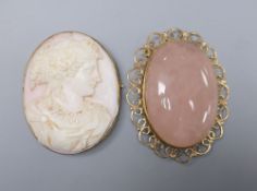 A 9ct gold-framed carved shell cameo portrait brooch and a 9ct gold-framed rose quartz brooch, 46mm,