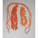 Three assorted coral necklaces including bead and fragment, with gilt metal clasps, longest 62cm,