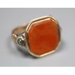 A Georgian yellow and white metal, octagonal carnelian and rose cut diamond set ring, size R/S,