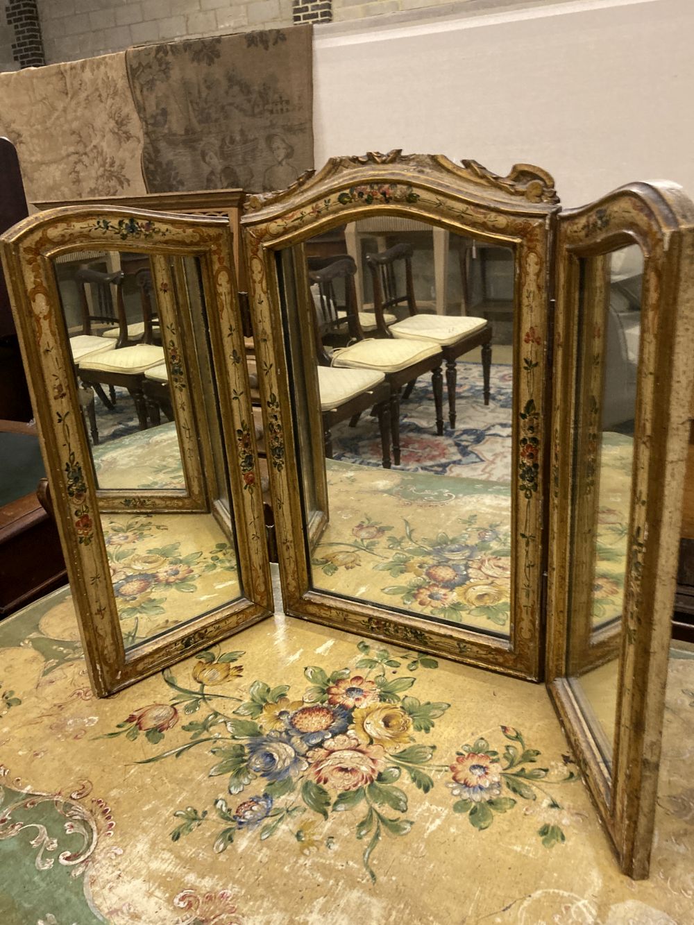 An early 20th century Venetian style rectangular floral painted serpentine table with similar triple - Image 3 of 10