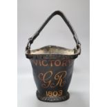 A leather fire bucket, inscribed 'Victory-GR-1803', height 21cmCONDITION: 19th century bucket with