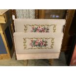A pair of mid 20th century tapestry covered single bed headboards, larger width 98cm, height 124cm