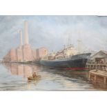 Max Parsons A.R.C.A. (1915-1998), the cargo ship 'Rynstroom' moored off Shoreham Power Station,