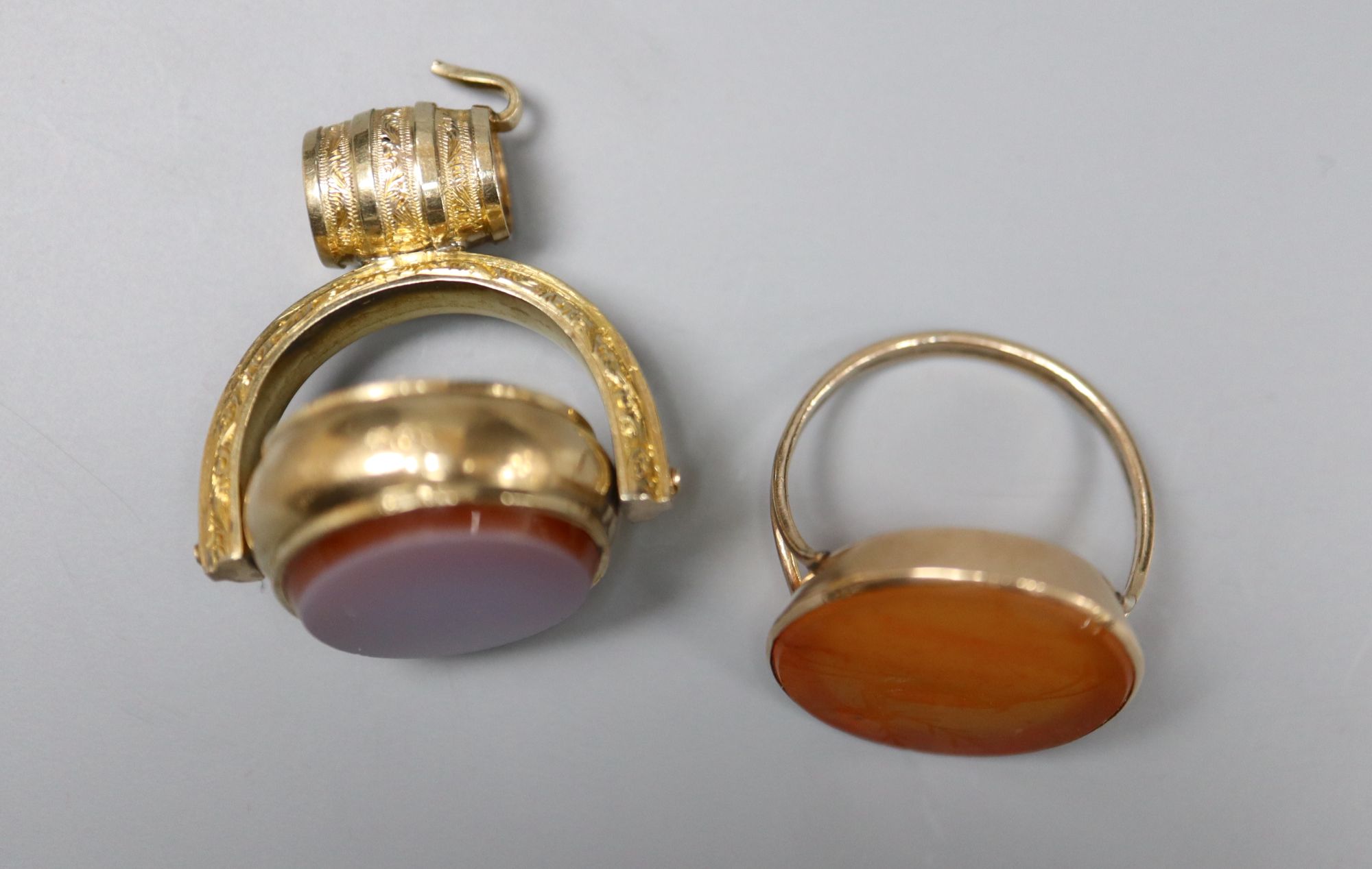 A Victorian 10ct, bloodstone and sardonyx set swivelling fob, 38mm and a similar yellow metal and - Image 2 of 4
