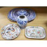 Three blue and white meat platters, largest 49cm wide, two ironstone plates and a tureen and a Delft