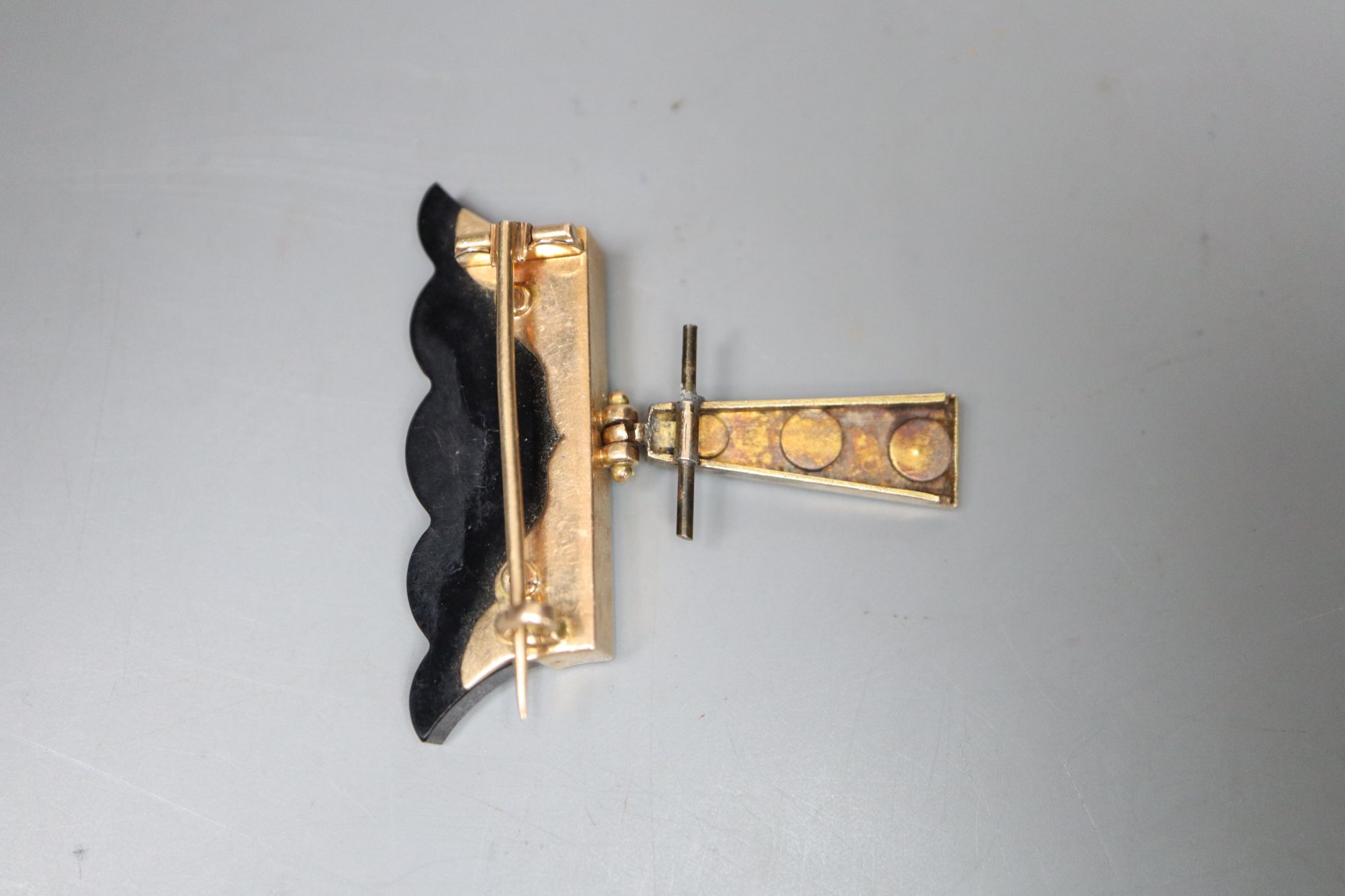 A Victorian gold, pearl and jet brooch with black enamel decoration, width 3.75cm, gross 9.8 - Image 2 of 2