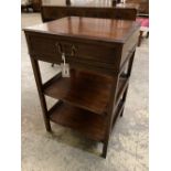A George III style mahogany three tier table, fitted single drawer, width 47cm depth 41cm height