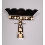 A Victorian gold, pearl and jet brooch with black enamel decoration, width 3.75cm, gross 9.8