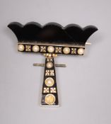 A Victorian gold, pearl and jet brooch with black enamel decoration, width 3.75cm, gross 9.8