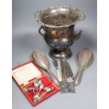 Mixed silver and plate including minor silver and plated flatware, two silver brushes, three