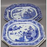 Five 18th century Chinese blue and white serving dishes, largest meat platter 44cm wide (faults)