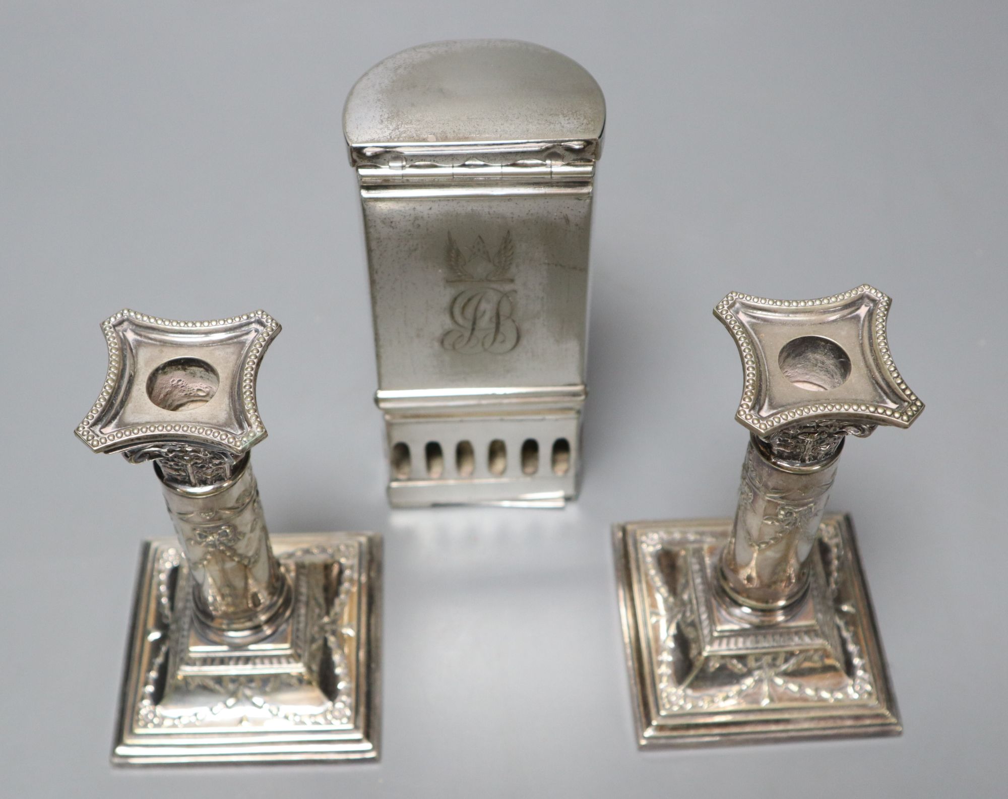 A pair of Victorian plated and embossed dwarf candlesticks and a Victorian plated pocket lamp, - Image 2 of 3