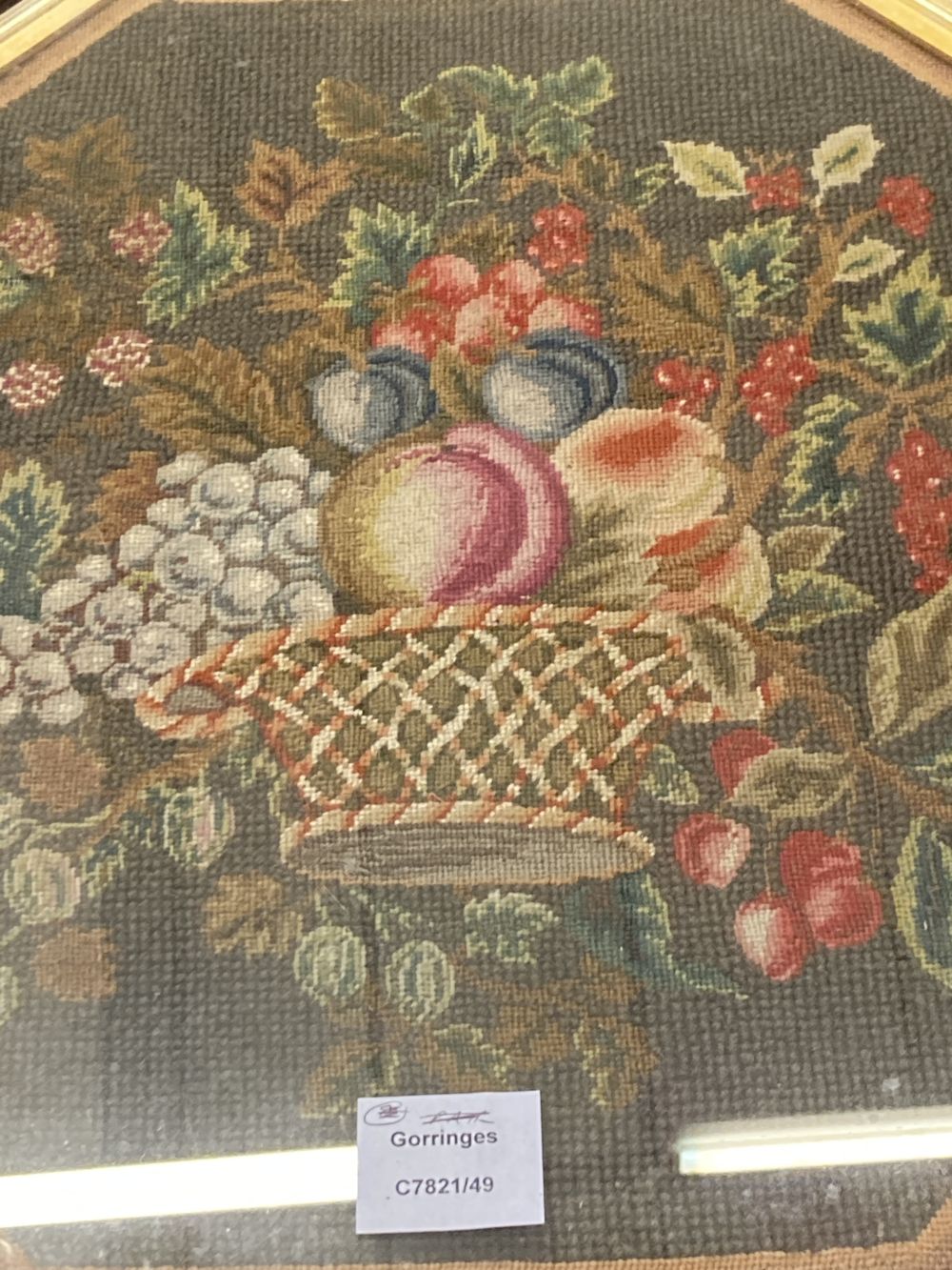 An grois point tapestry panel, inset in the top of a hexagonal mahogany table, width 54cm, depth - Image 3 of 3