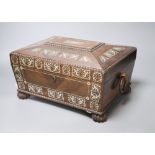 A Victorian mother of pearl-inlaid rosewood sarcophagus work box, width 31cm height 18cm