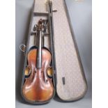 A 19th century German violin, length of back 35.5cm, cased