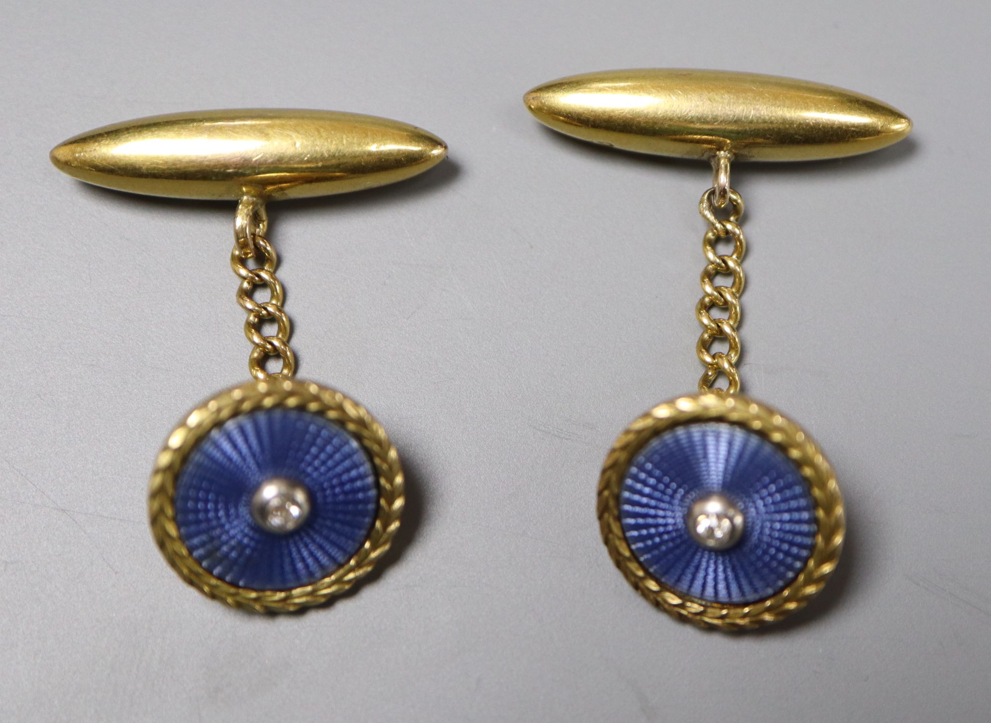 A pair of early-mid 20th century French? yellow metal, guilloche enamel and diamond set circular - Image 2 of 3