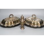 A pair of Victorian plated tureens and a plater sugar sifter