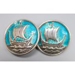 A pair of white metal (stamped silver) and enamel 'longboat' circular cufflinks, 27mm, gross 25.7