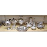 A three-piece plated teaset, sundry plated items and a leather box with plated mounts