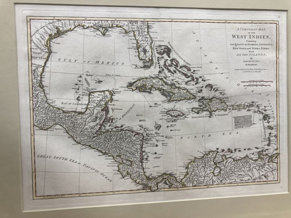 Samuel Dunn, coloured engraving, A Complete Map of the West Indies 1786, overall 34 x 48cm - Image 2 of 2