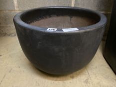 A circular grey glazed garden planter, width 46cm, height 29cm