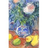 Sullivan, watercolour, Still life of flowers in a vase and fruit, signed, 55 x 37cm