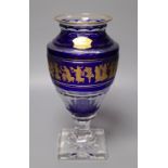 A Val Saint Lambert neoclassical gilt decorated blue and clear crystal pedestal vase, height