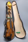 A 3/4 size violin, stamped "Klotz", cased, length 52cm